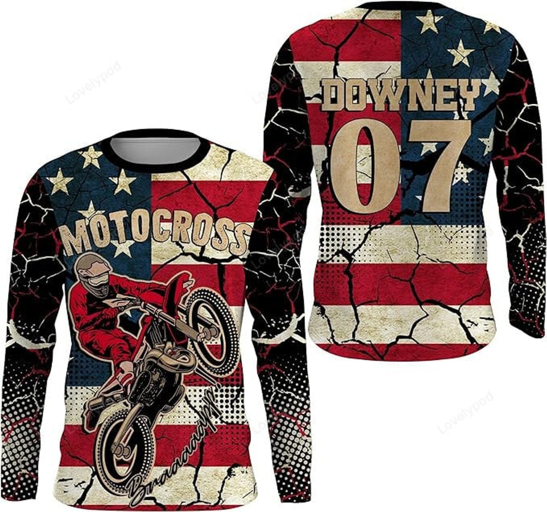 FUNSTUFFPRINT Custom Motocross Jersey Patriotic Dirt Bike Racing American MX Motorcycle Jersey 3D Long Sleeve T-Shirt