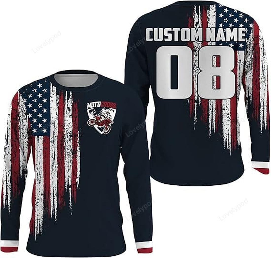 FUNSTUFFPRINT Custom MX Dirt Bike Racing Jersey American Flag Motocross Youth Men Women Off-Road Motorcycle 3D Long Sleeve T-Shirt