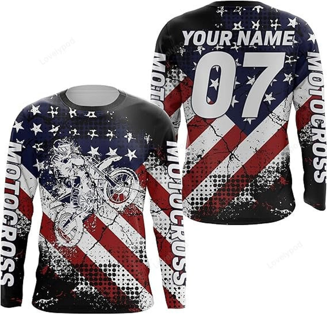 FUNSTUFFPRINT Custom Dirt Bike Off-Road Motorcycle Shirt, Adult & Kid American Flag Jersey Motocross 3D Long Sleeve T-Shirt