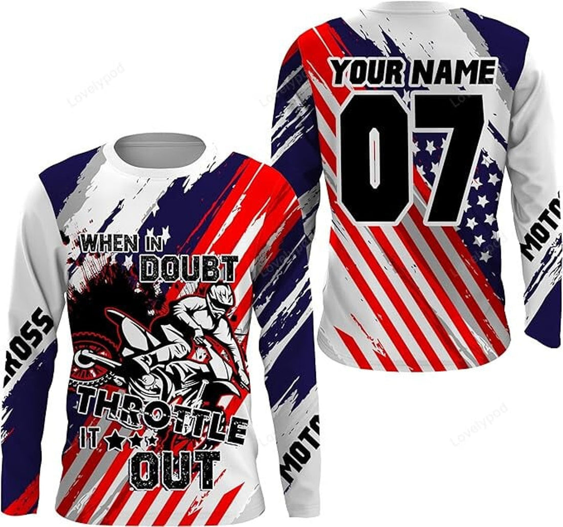 FUNSTUFFPRINT Custom Patriotic Personalized Dirt Bike Jersey When in Doubt Throttle It Out American Motocross 3D Long Sleeve T-Shirt
