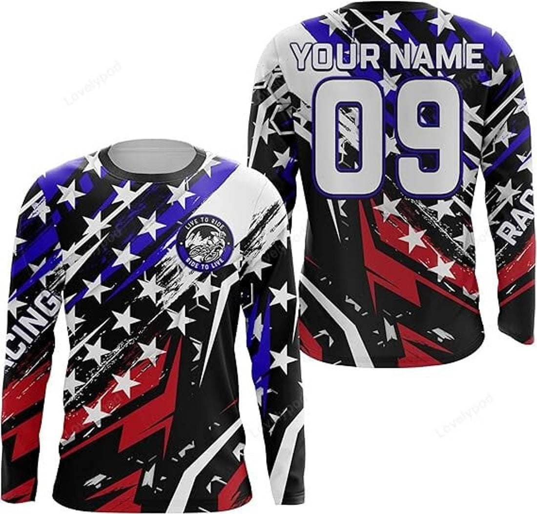 FUNSTUFFPRINT Custom American Flag Motocross Kid Men Women Jersey Live to Ride Custom Dirt Bike Shirt Patriotic 3D Long Sleeve T-Shirt
