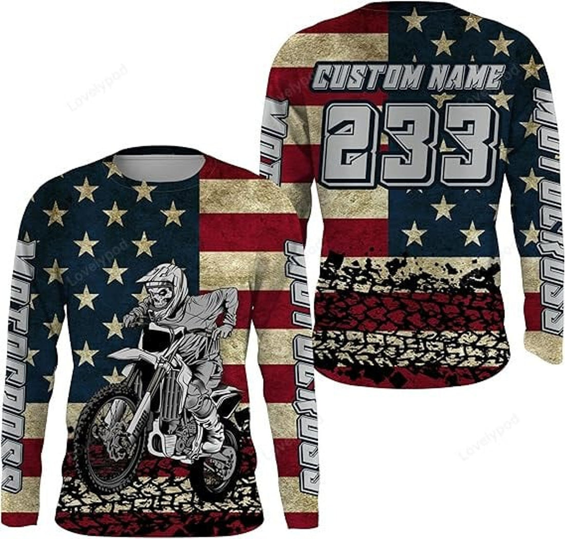 FUNSTUFFPRINT Custom American Flag Skull Motocross Jersey Patriotic Dirt Bike Racing Motorcycle Racewear 3D Long Sleeve T-Shirt