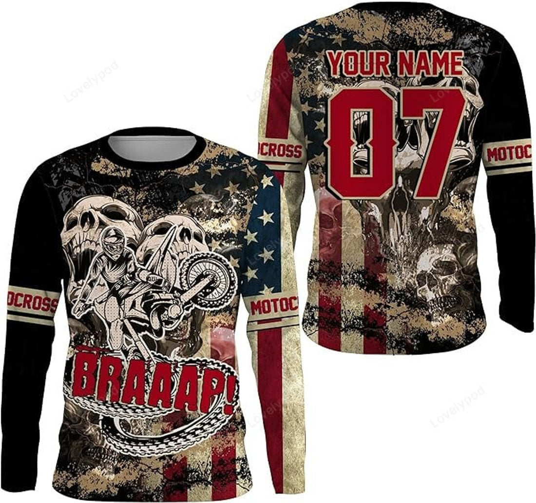 FUNSTUFFPRINT Custom Skull Racing Jersey Dirt Bike Long Sleeves Brap Motocross Racewear 3D Long Sleeve T-Shirt