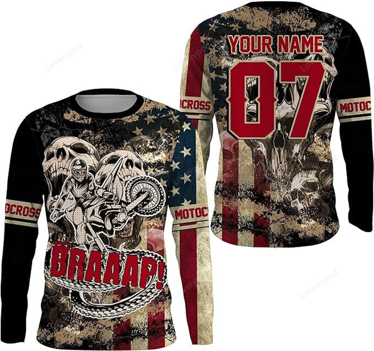 FUNSTUFFPRINT Custom Skull Racing Jersey Dirt Bike Long Sleeves Brap Motocross Racewear 3D Long Sleeve T-Shirt