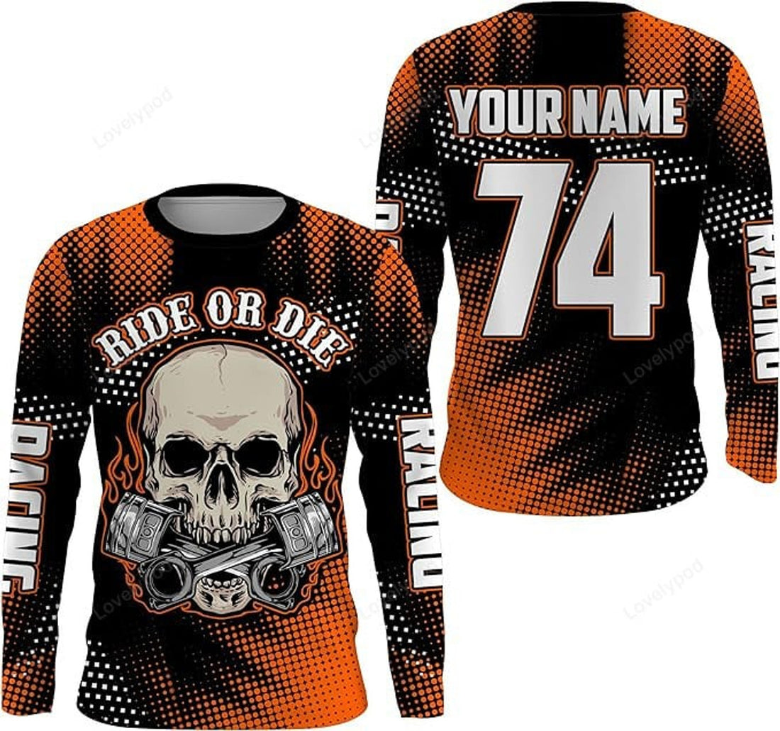 FUNSTUFFPRINT Custom Ride Or Die Skull Dirt Bike Men Women Kid Jersey Custom Motocross Shirt Motorcycle 3D Long Sleeve T-Shirt