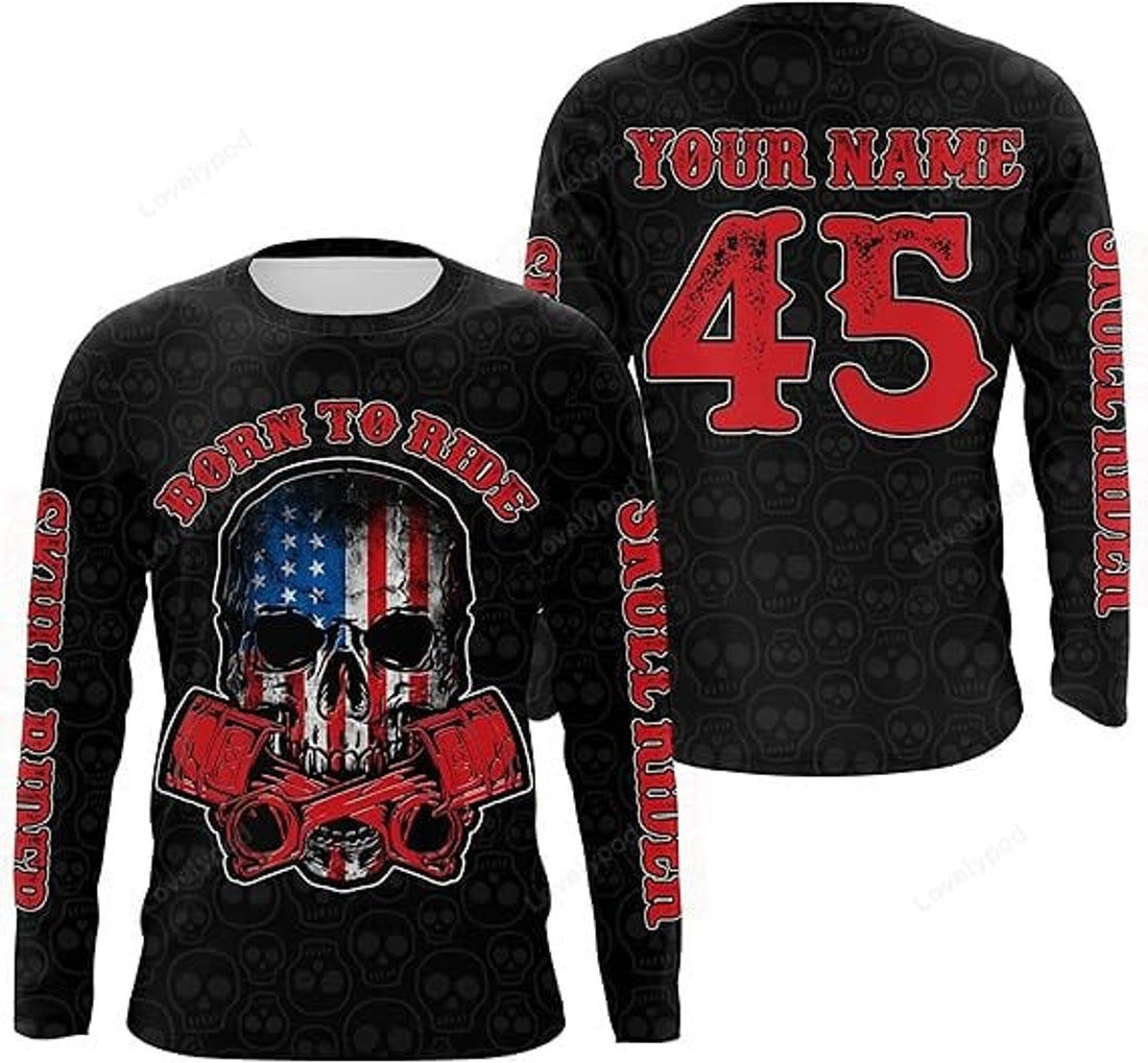 FUNSTUFFPRINT Custom Skull Rider Motorcyle Jersey Born to Ride Patriotic Bikers American Flag 3D Long Sleeve T-Shirt
