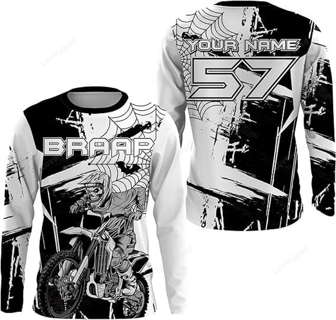 FUNSTUFFPRINT Custom Skull MX Jersey Motocross Kids Adult Personalized Dirt Bike Off-Road Motorcycle Shirt 3D Long Sleeve T-Shirt