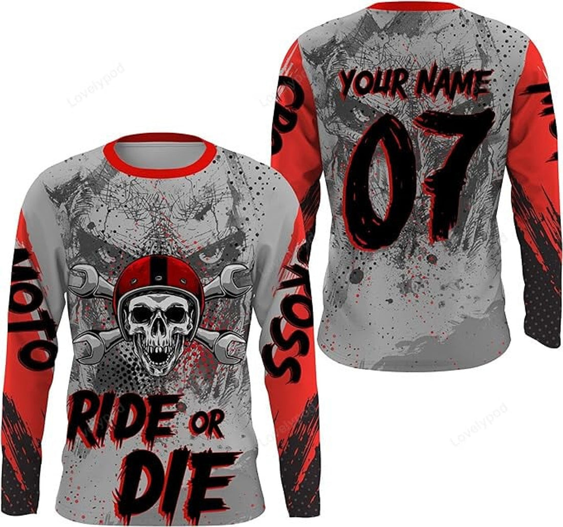 FUNSTUFFPRINT Custom Motocross Jersey Custom Dirt Bike Extreme Ride Or Die Skull Motorcycle Shirt 3D Long Sleeve T-Shirt