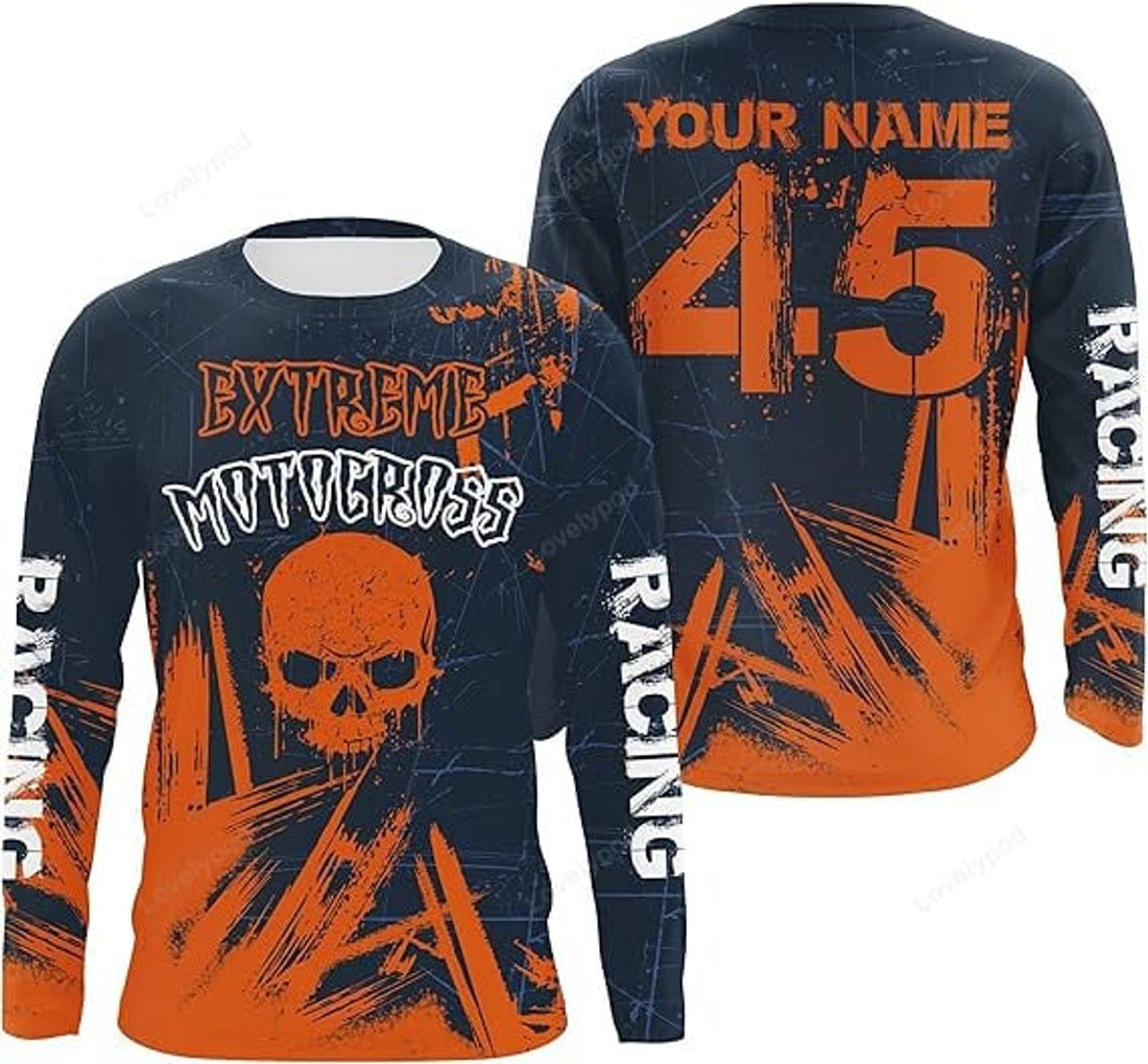 FUNSTUFFPRINT Custom Extreme Motocross Skull Personalized Jersey Cool Dirt Bike Long Sleeves Kids Men Women Motorcycle Racing 3D Long Sleeve T-Shirt