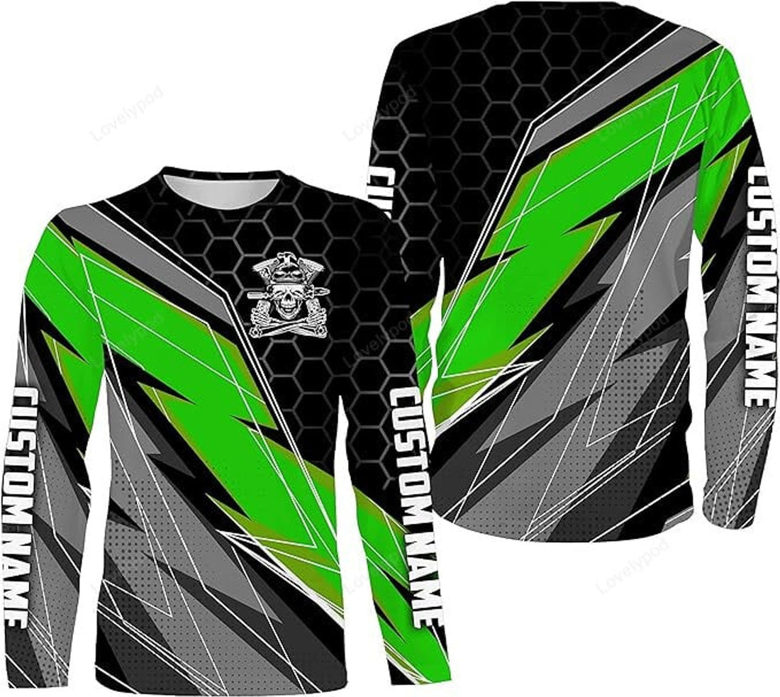 FUNSTUFFPRINT Personalized Riding Jersey, Motocross Racing Shirt, Dirt Bike Motorcycle Long Sleeves for Off-Road Biker - Green 3D Long Sleeve T-Shirt