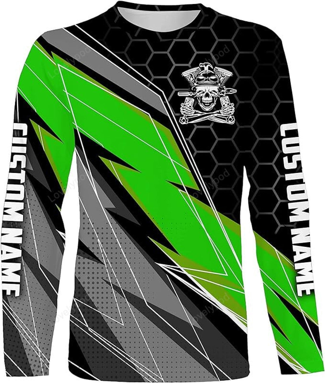 FUNSTUFFPRINT Personalized Riding Jersey, Motocross Racing Shirt, Dirt Bike Motorcycle Long Sleeves for Off-Road Biker - Green 3D Long Sleeve T-Shirt