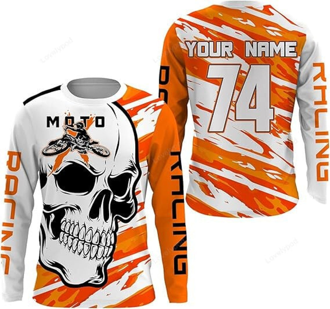 FUNSTUFFPRINT Custom Skull Motox Jersey Custom Motocross Adult Kid Dirt Bike Racing Motorcycle Bikers Racewear 3D Long Sleeve T-Shirt