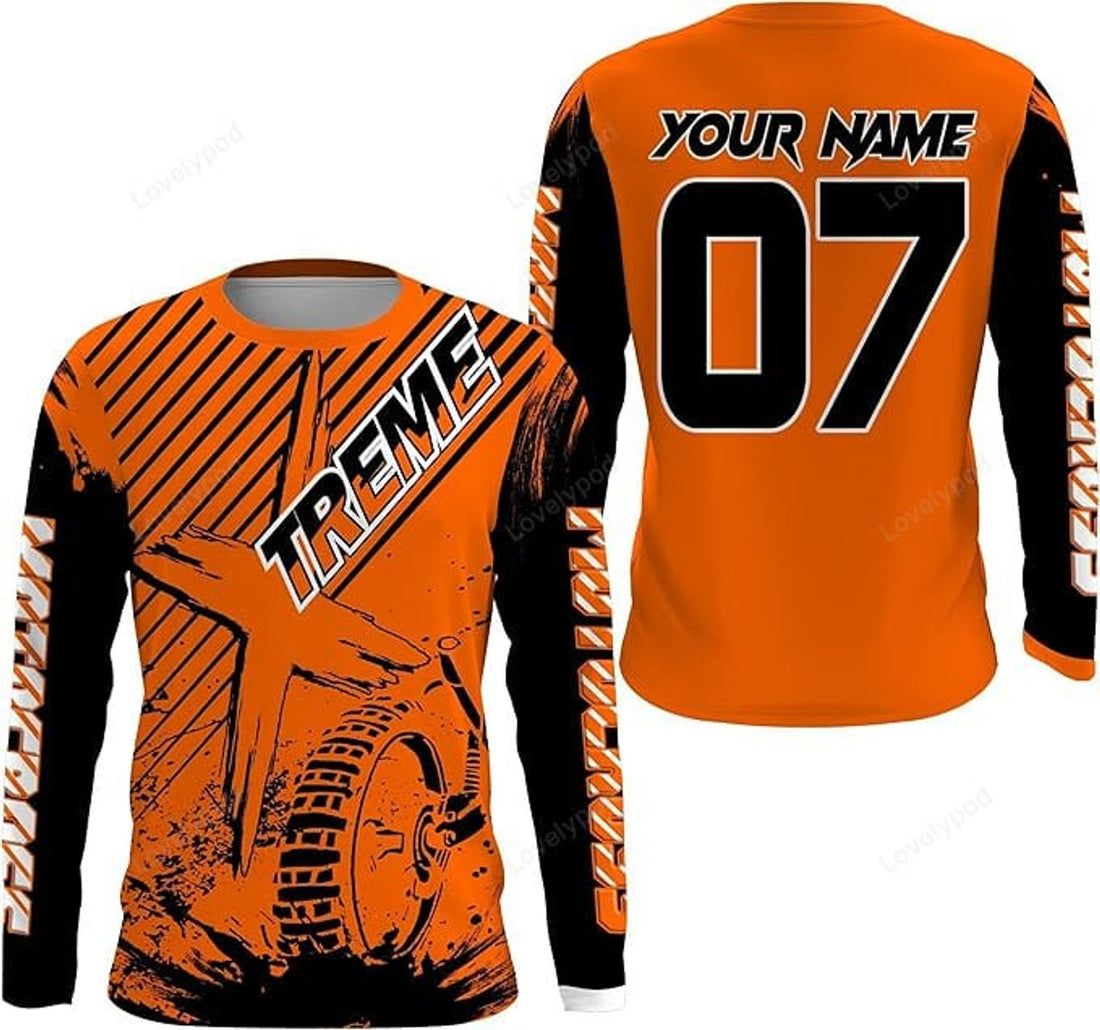 FUNSTUFFPRINT Custom Orange MX Jersey Shirt UV Protective Xtreme Kid Adult Motocross Bike Racing Motorcycle 3D Long Sleeve T-Shirt