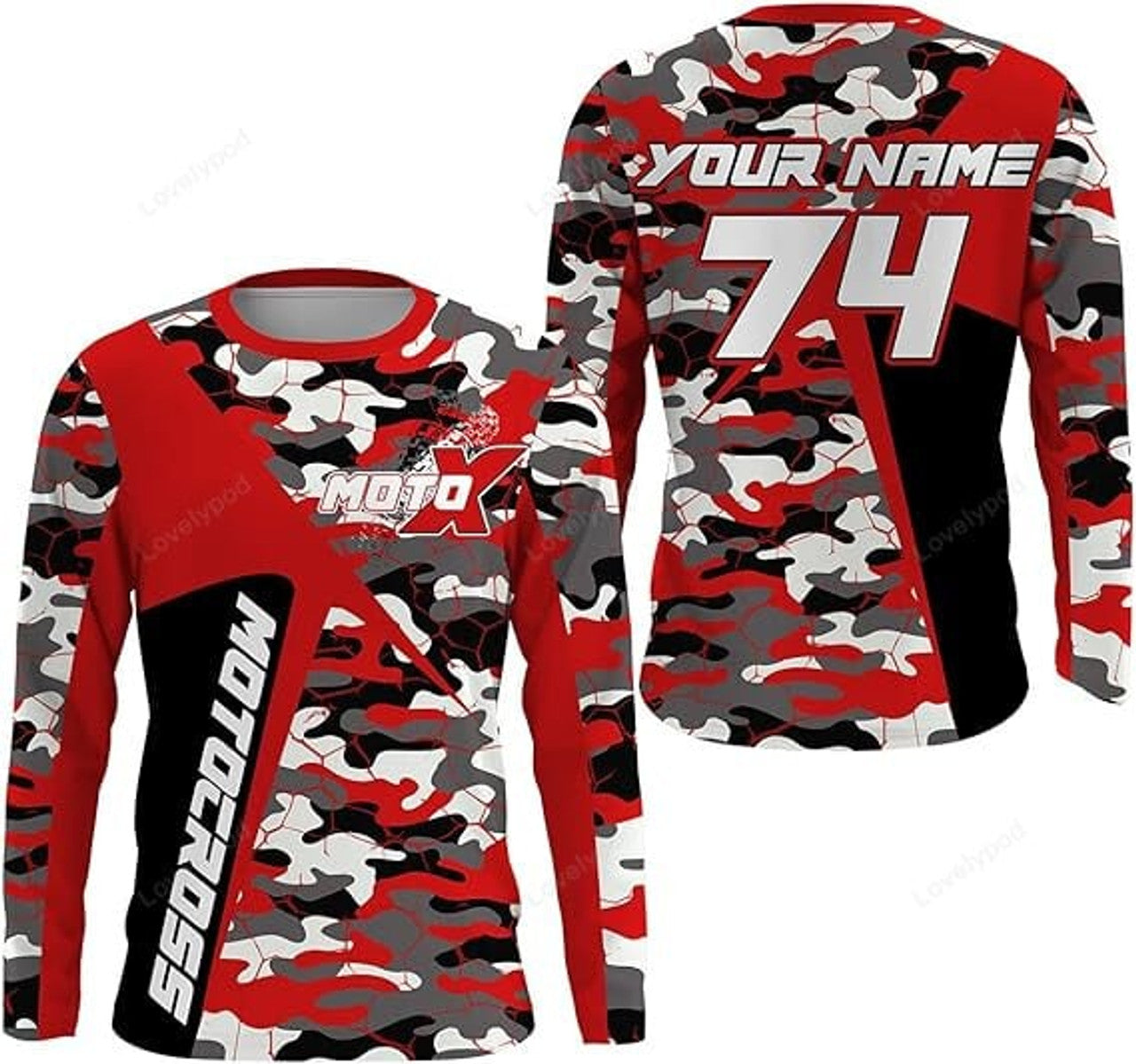 FUNSTUFFPRINT Custom Kid Men Women Dirt Bike MX Jersey, UV Protective Red Camo Motocross Extreme Racing Motorcycle 3D Long Sleeve T-Shirt