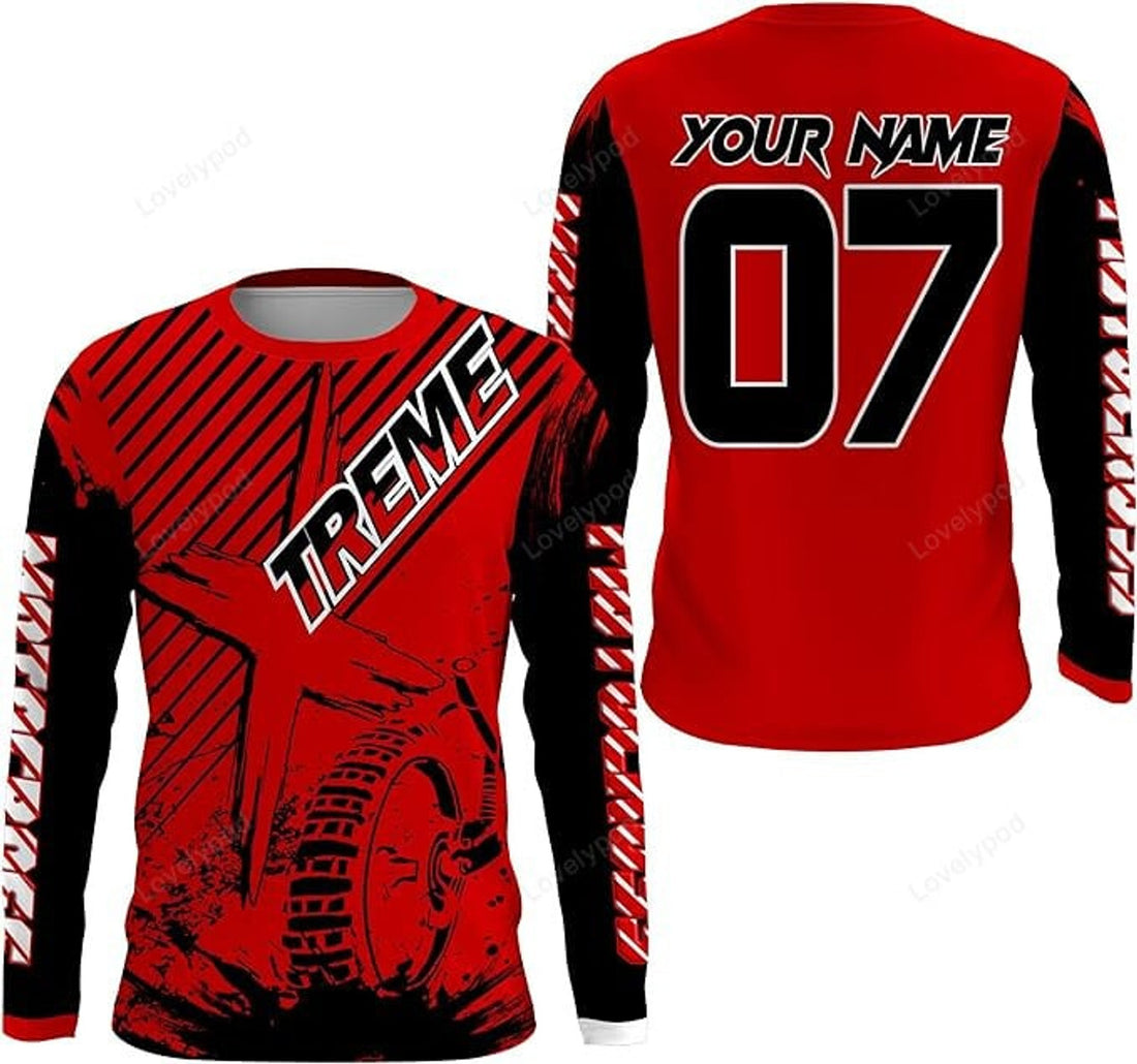 FUNSTUFFPRINT Custom Red MX Jersey UV Protective Xtreme Kid Adult Motocross Dirt Bike Racing Motorcycle Shirt 3D Long Sleeve T-Shirt