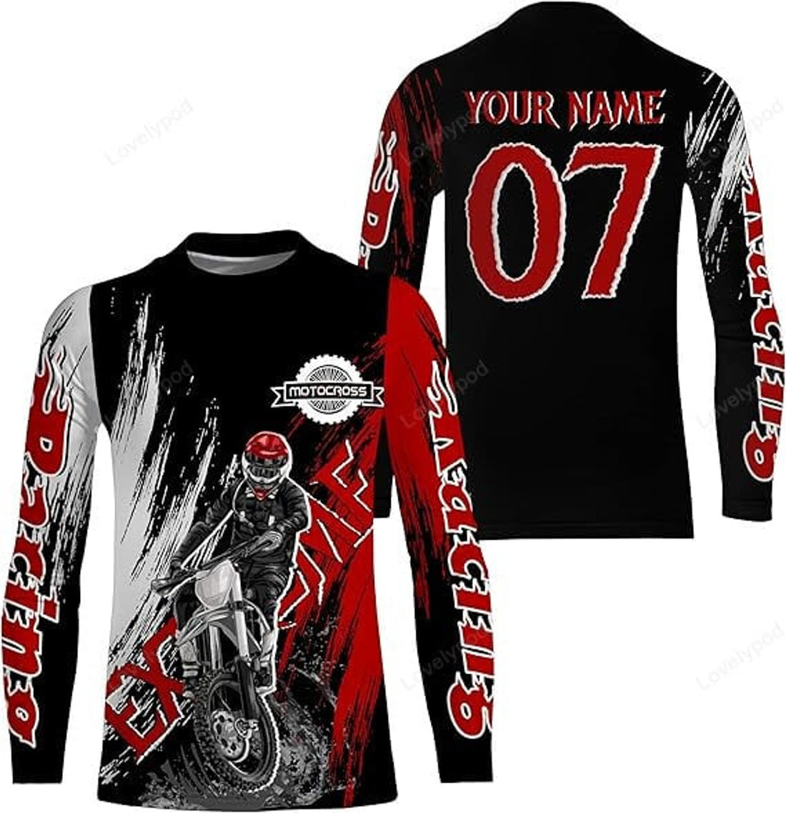 FUNSTUFFPRINT Custom Extreme Motocross Off-Road Jersey Black Red Youth Adult Custom Dirt Bike Racing 3D Long Sleeve T-Shirt