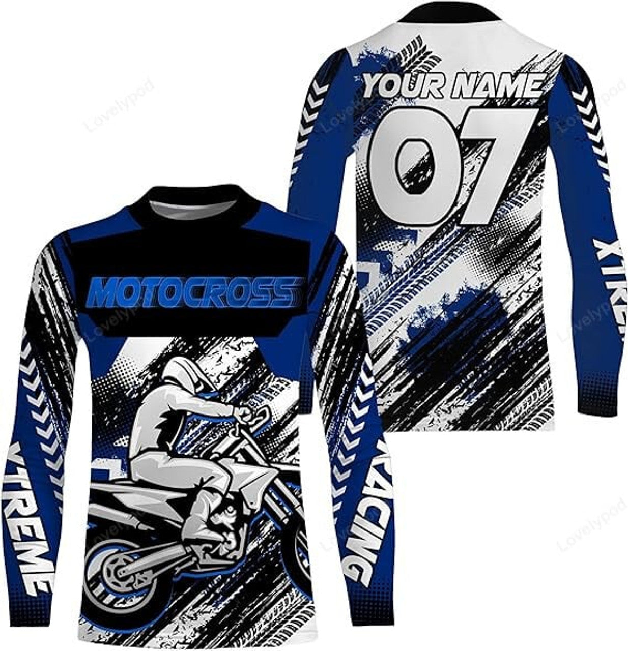 FUNSTUFFPRINT Custom Blue Custom Motocross Jersey UV Protective MX Shirt for Kid Men Women Dirt Bike Racing Racewear 3D Long Sleeve T-Shirt