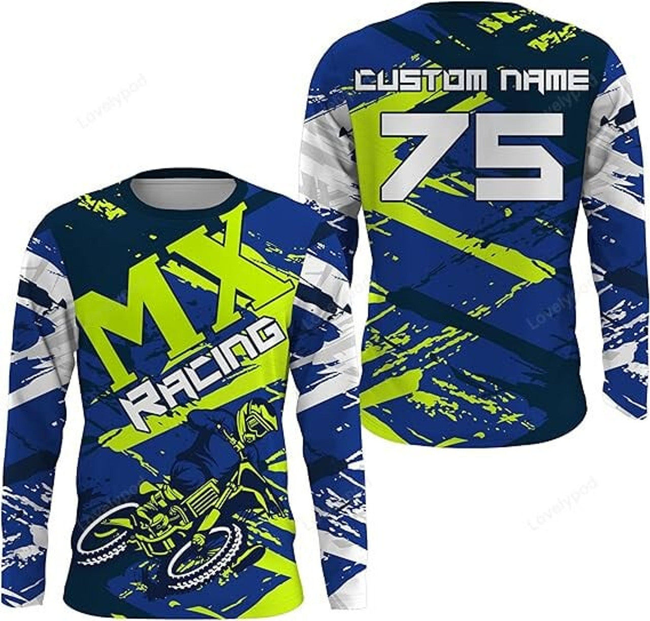 FUNSTUFFPRINT Custom Blue Motocross Jersey Dirt Bike Custom Shirt for Kid Men Women Racing Off-Road Racewear 3D Long Sleeve T-Shirt