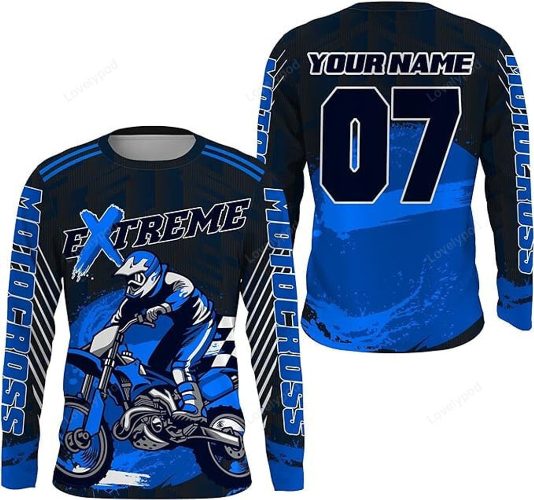 FUNSTUFFPRINT Custom Blue Motocross Jersey, Xtreme Racing Cross Off-Road Motorcycle 3D Long Sleeve T-Shirt