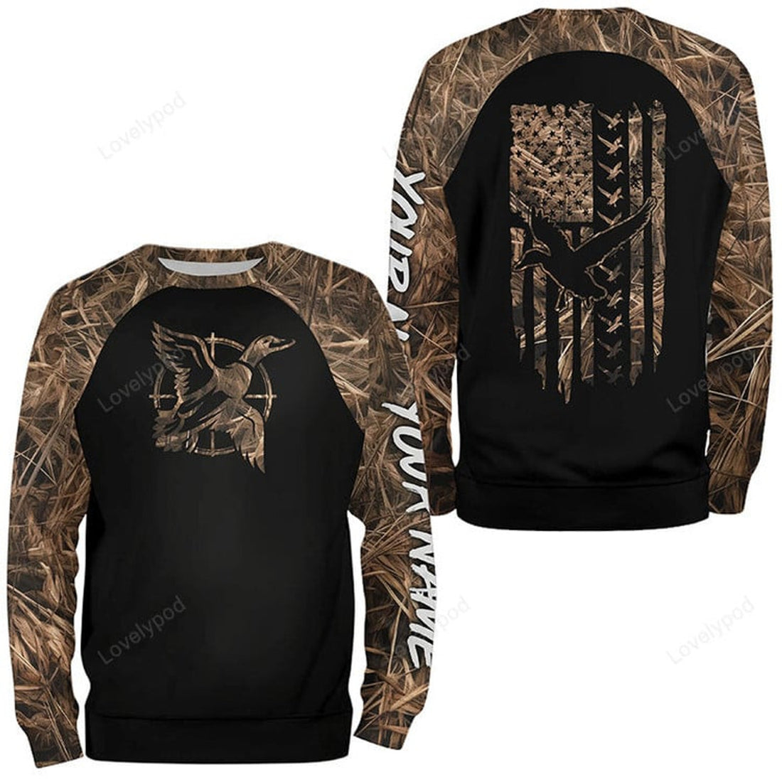 FUNSTUFFPRINT Custom Duck hunting Waterfowl Camo American flag Hunting gift 3D Long Sleeve T-Shirt
