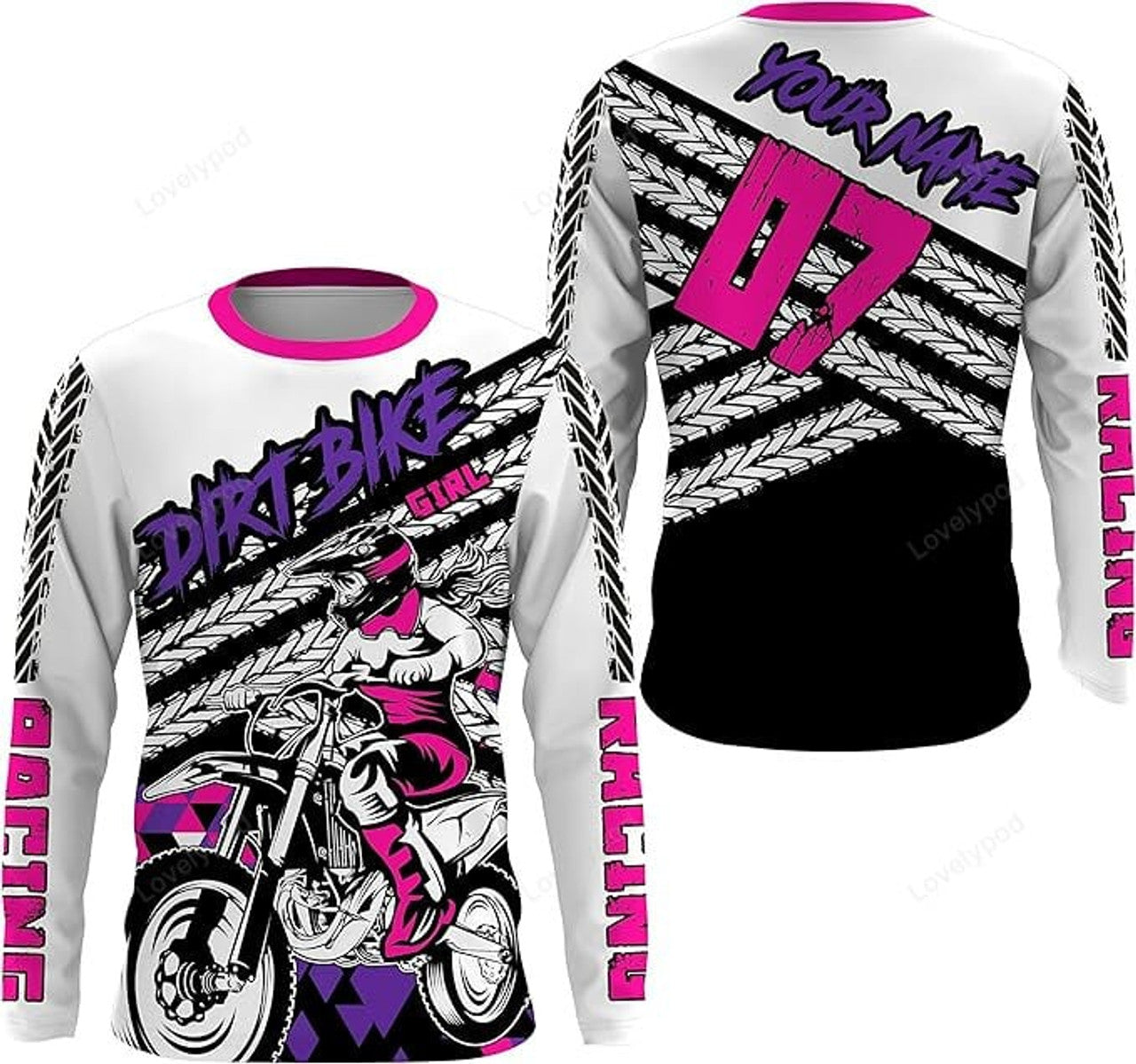 FUNSTUFFPRINT Custom Biker Girl Pink Custom Jersey Dirt Bike Kid & Adult Motocross Shirt MX Racing Motorcycle 3D Long Sleeve T-Shirt