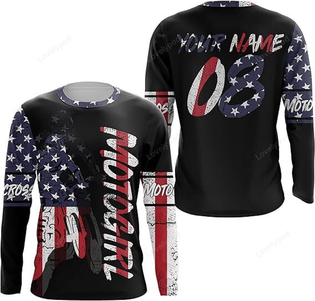 FUNSTUFFPRINT Custom MotoGirl Personalized Jersey Patriotic Motocross Girl Dirt Bike Riding Shirt Women Bikers 3D Long Sleeve T-Shirt