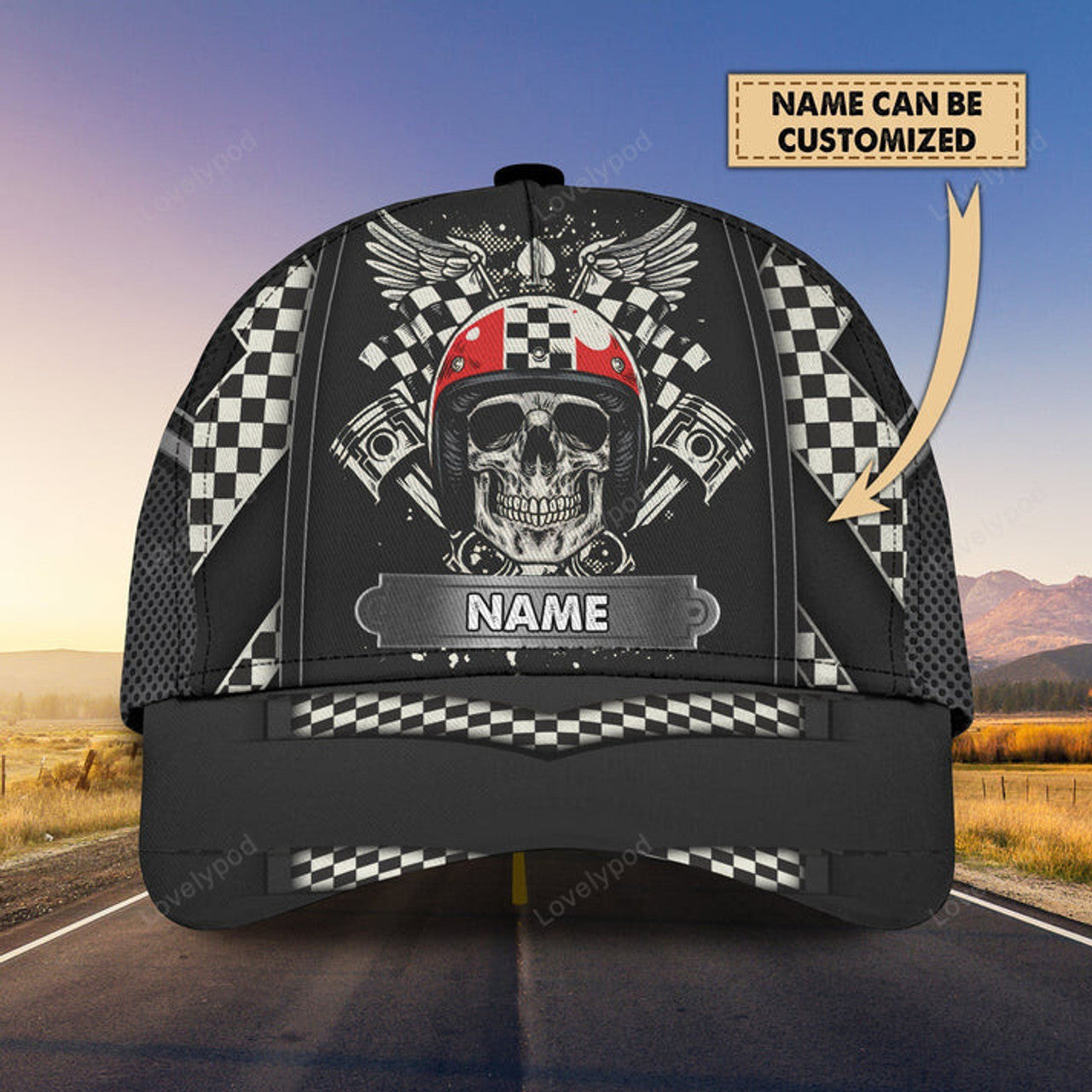 FUNSTUFFPRINT Personalized Racing American Classic Cap Hat, Skull Racer Cap Hat, Cool Racing Cap Hat