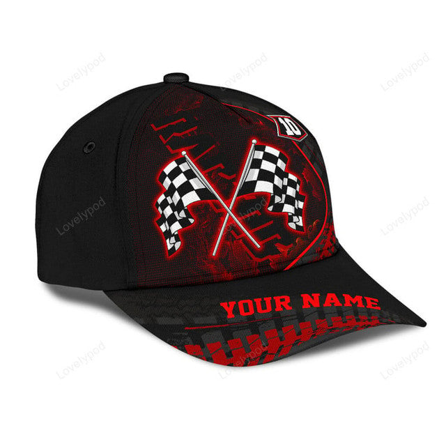 FUNSTUFFPRINT Custom name and number Racing flag Classic Cap for men, Racing hat, racing baseball cap gift for racing lover