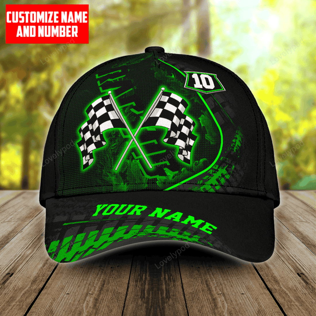 FUNSTUFFPRINT Custom name and number Racing flag green Classic Cap for men, Racing hat, racing baseball cap gift for racing lover