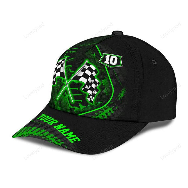 FUNSTUFFPRINT Custom name and number Racing flag green Classic Cap for men, Racing hat, racing baseball cap gift for racing lover