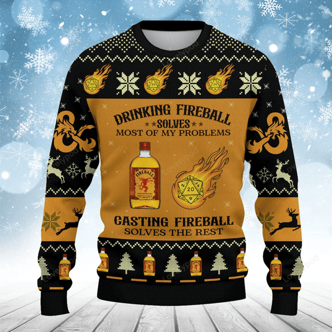 FUNSTUFFPRINT DnD Classes Fireball ugly Sweatshirt, DND Dragon Dungeon Master Christmas shirt, Christmas gift Ugly Sweater