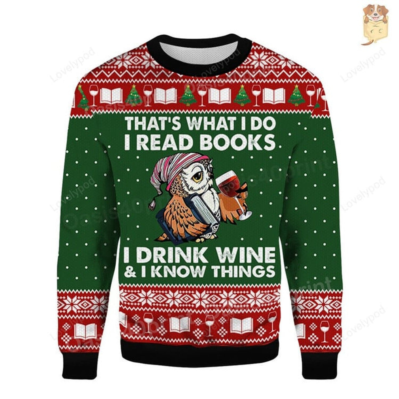FUNSTUFFPRINT Funny Owl That's What I Do I Read Books Ugly Sweater Book Lovers Ugly Sweater Owl Lovers Ugly Sweater Christmas Drink Wine Love Sweatshirt Ugly Sweater