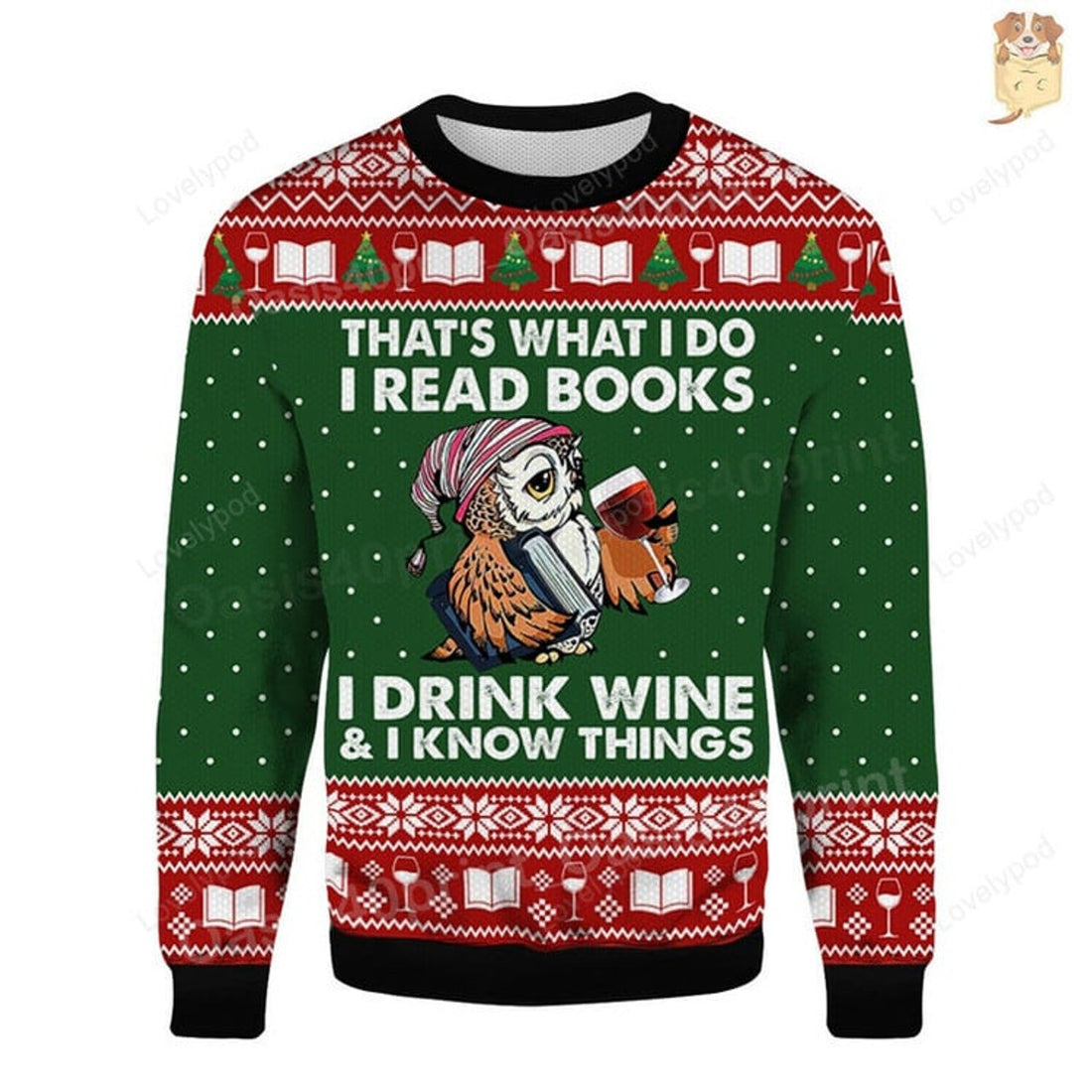 FUNSTUFFPRINT Funny Owl That's What I Do I Read Books Ugly Sweater Book Lovers Ugly Sweater Owl Lovers Ugly Sweater Christmas Drink Wine Love Sweatshirt Ugly Sweater