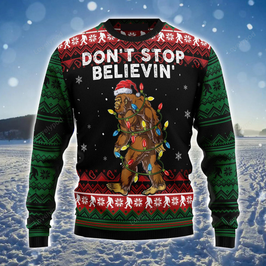 FUNSTUFFPRINT Bigfoot Donâ€˜t Stop Believing Ugly Sweater For Men & Women - Best Gift For Christmas, Friends, Family Ugly Sweater