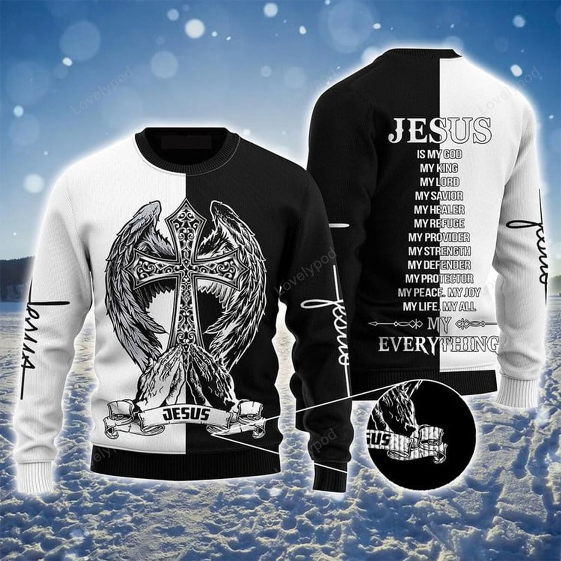 FUNSTUFFPRINT Jesus Is My Everything Sweater For Men & Women, Perfect Gift For Christian, Friends, Family Ugly Sweater
