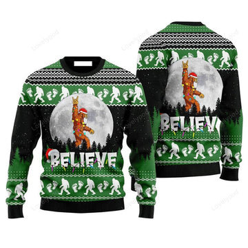 FUNSTUFFPRINT Bigfoot Believe Christmas Sweater, Christmas Sweater For Men & Women Ugly Sweater