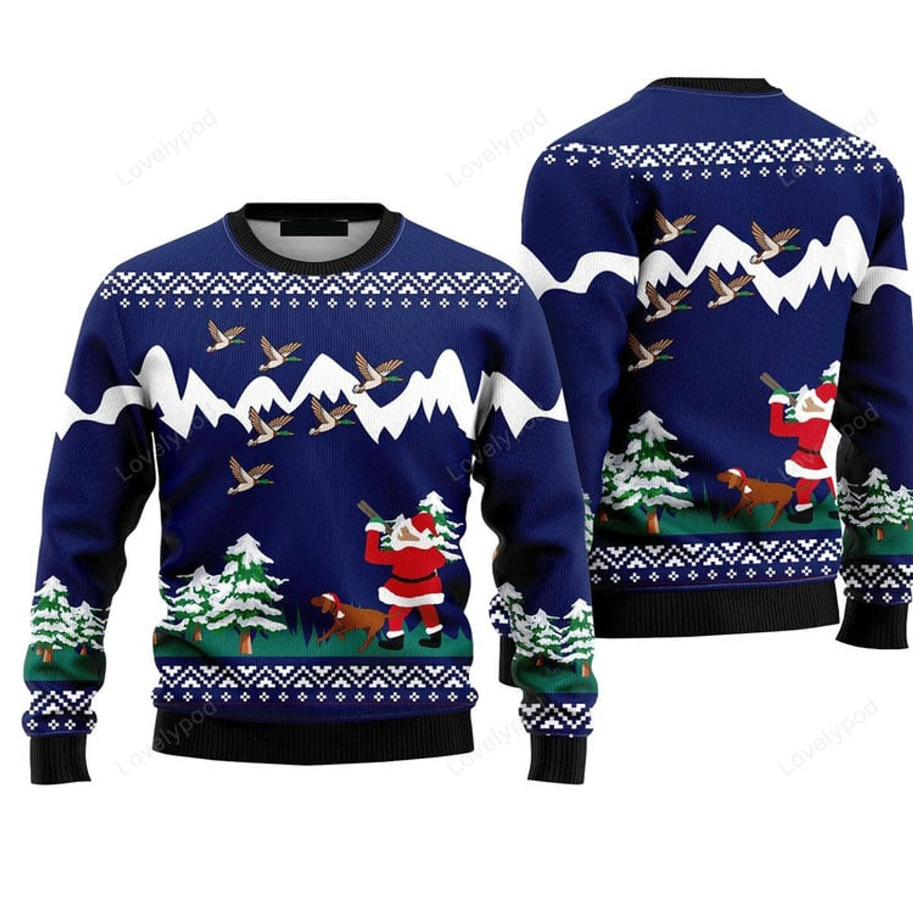 FUNSTUFFPRINT Funny Santa & Dog Duck Hunting Sweater, Ugly Sweater For Men & Women Ugly Sweater