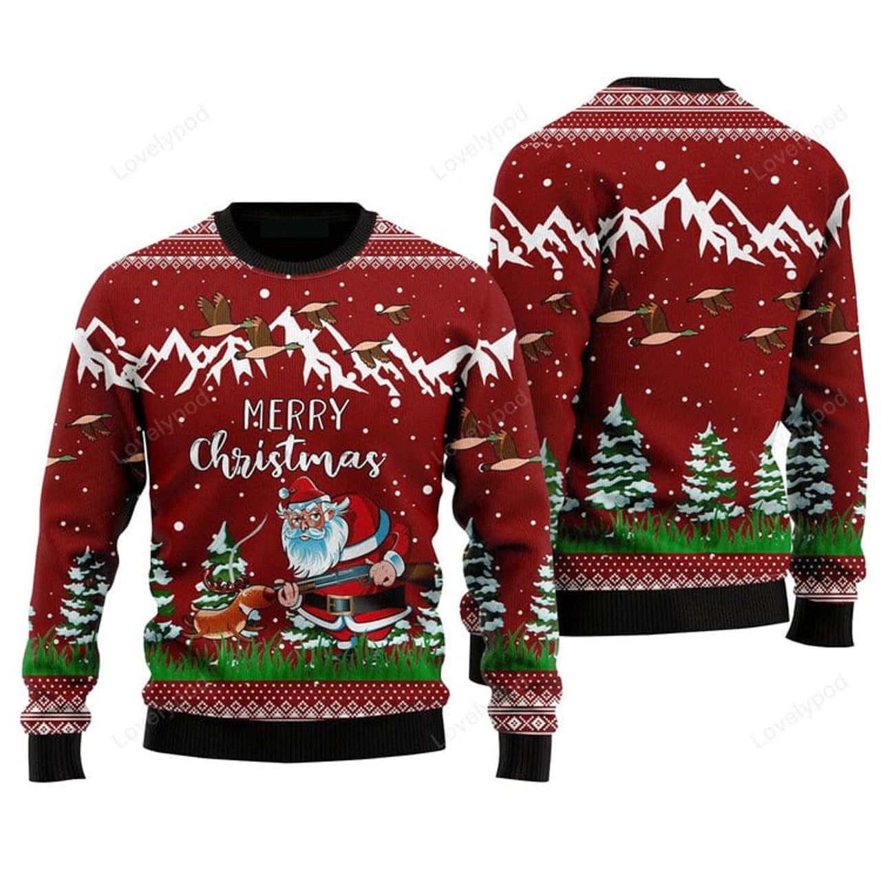 FUNSTUFFPRINT Santa Duck Hunting Sweater Merry Christmas, Ugly Sweater For Men & Women Ugly Sweater