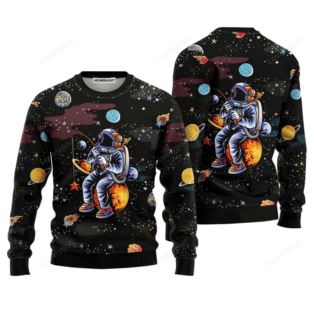 FUNSTUFFPRINT Funny Astronaut Fishing In Space Sweater, Ugly Sweater For Men & Women Ugly Sweater