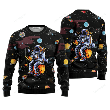 FUNSTUFFPRINT Funny Astronaut Fishing In Space Sweater, Ugly Sweater For Men & Women Ugly Sweater