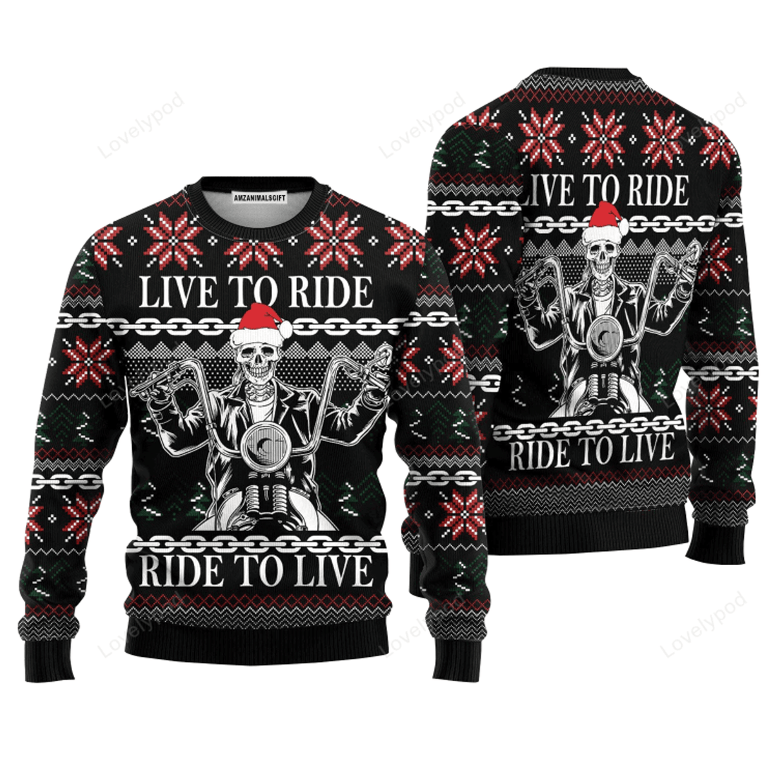 FUNSTUFFPRINT Live To Ride Motorbike Skeleton Sweater, Ugly Sweater For Men & Women Ugly Sweater
