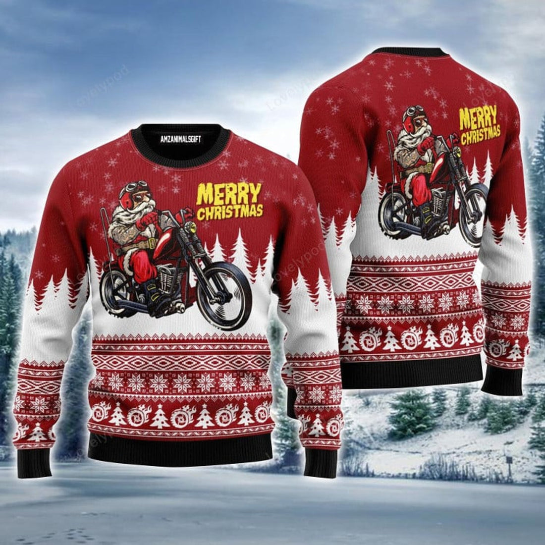 FUNSTUFFPRINT Santa Riding Motorbike To Holiday Ugly Christmas Sweater For Men & Women Ugly Sweater