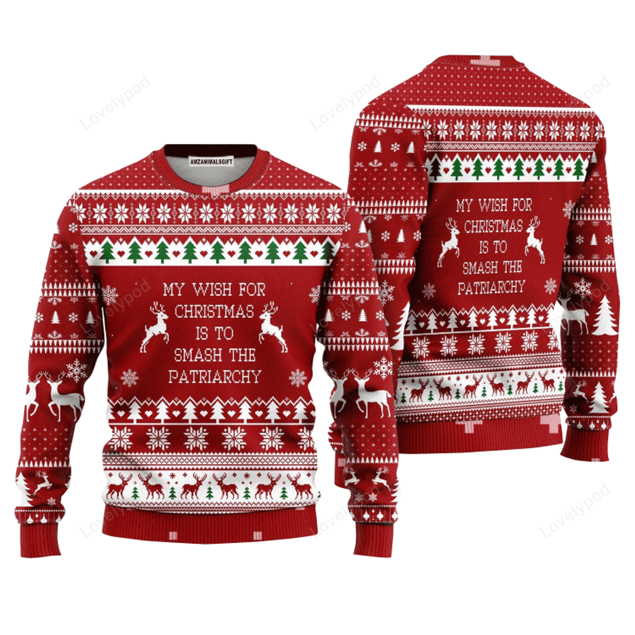 FUNSTUFFPRINT ReinDeer Sweater My Wish For Christmas Is To Smash The Patriarchy, Ugly Sweater For Men & Women Ugly Sweater