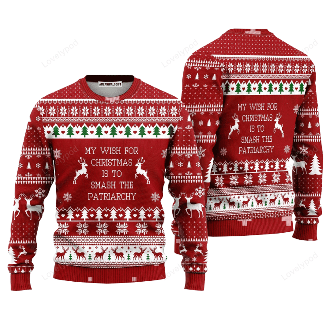 FUNSTUFFPRINT ReinDeer Sweater My Wish For Christmas Is To Smash The Patriarchy, Ugly Sweater For Men & Women Ugly Sweater