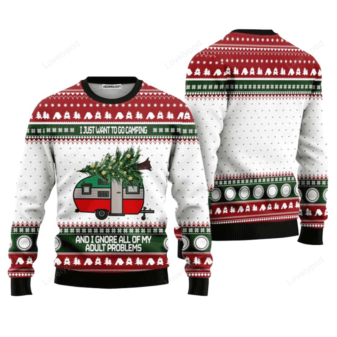 FUNSTUFFPRINT Camping Sweater And I Gnore All Of My Adult Problems, Ugly Christmas Sweater For Men Ugly Sweater