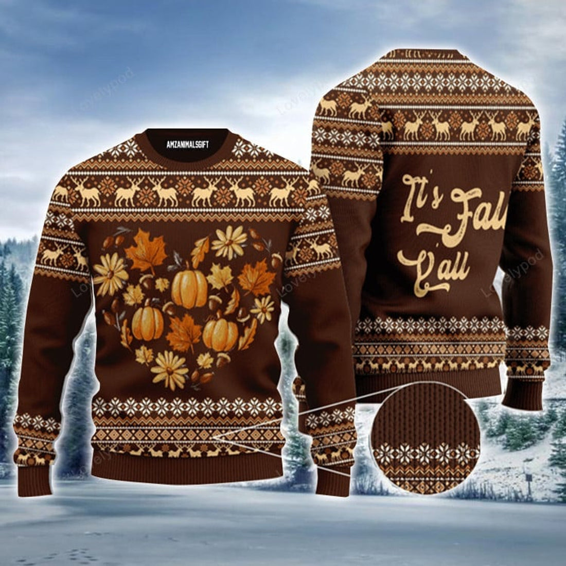 FUNSTUFFPRINT Autumn Heart Pumpkin Floral Ugly Sweater, Christmas Sweater For Men & Women Ugly Sweater