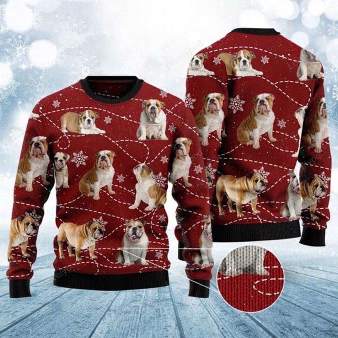 FUNSTUFFPRINT Bulldog Xmas Ugly Christmas Sweater - Xmas Gifts For Dog Lovers - Gift For Christmas Ugly Sweater
