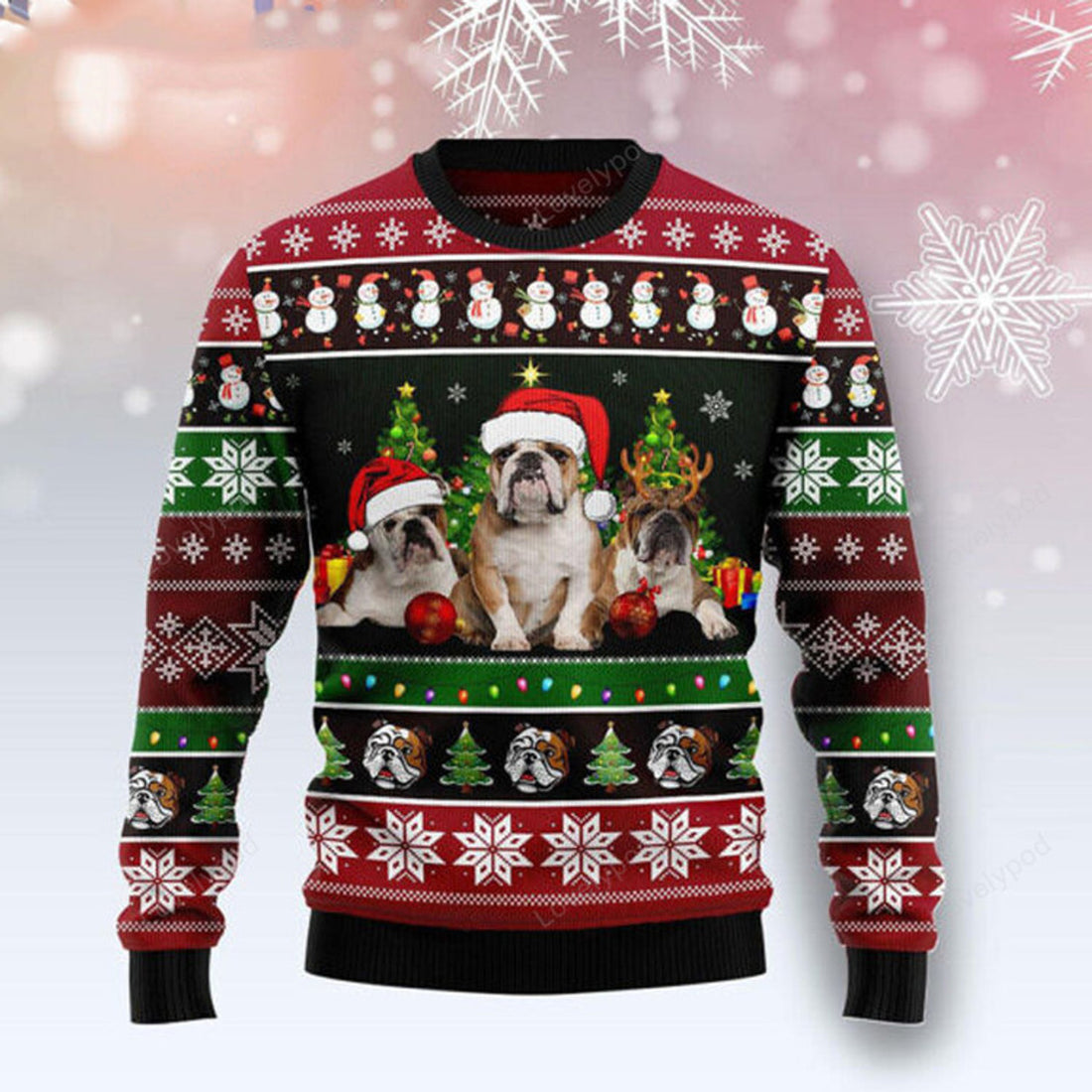 FUNSTUFFPRINT Bulldog Group Beauty Snowman All Over Print Pattern Ugly Christmas Sweater Ugly Sweater