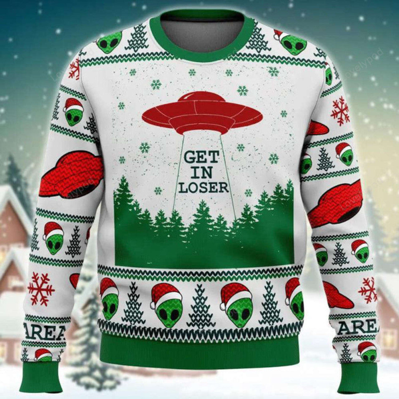 FUNSTUFFPRINT Christmas Alien Santa Get In Loser Ugly Sweater Ugly Sweater