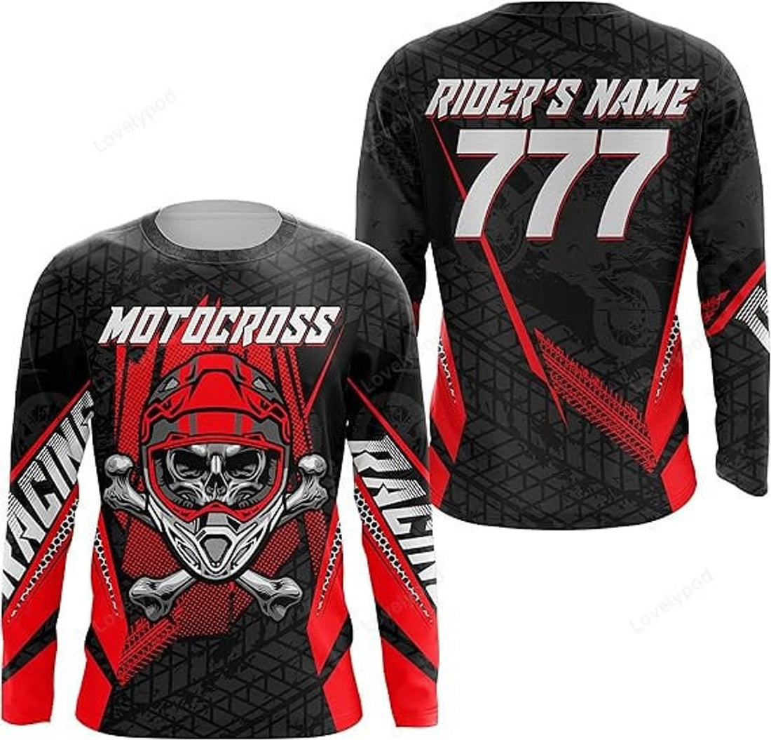 FUNSTUFFPRINT Custom Motocross Racing Jersey Skull Dirt Bike Shirt Men Women Kid MX Off-Road 3D Long Sleeve T-Shirt